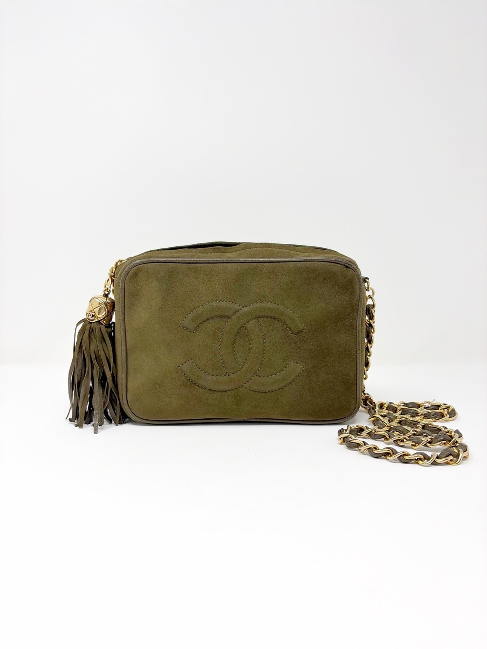 CHANEL Vintage Olive Suede Crossbody Camera Bag with Tassel and Gold Chain